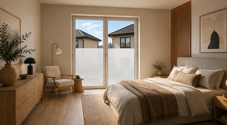 Film vitre textile intimit� install� sur une baie vitr�e
