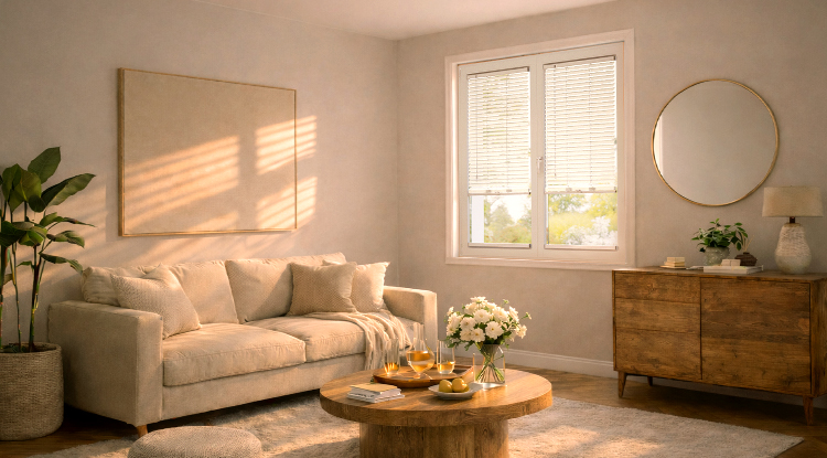 Store v&eacute;nitien effet bois blanc install&eacute; sur une porte fenetre