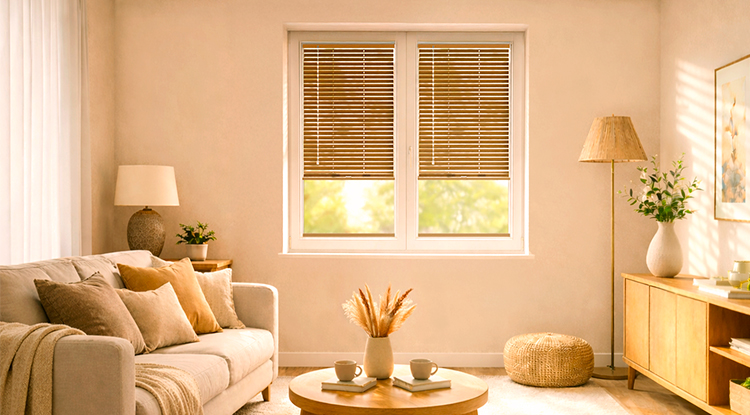 Store v&eacute;nitien effet bois blanc install&eacute; sur une porte fenetre